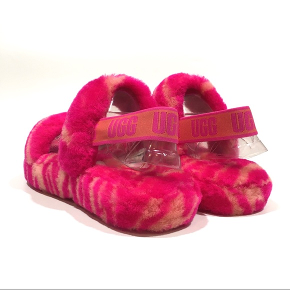 UGG Oh Yeah Zebra Sandal Slipper -Rock Rose Fur -Youth US 4 -NEW - Picture 2 of 7